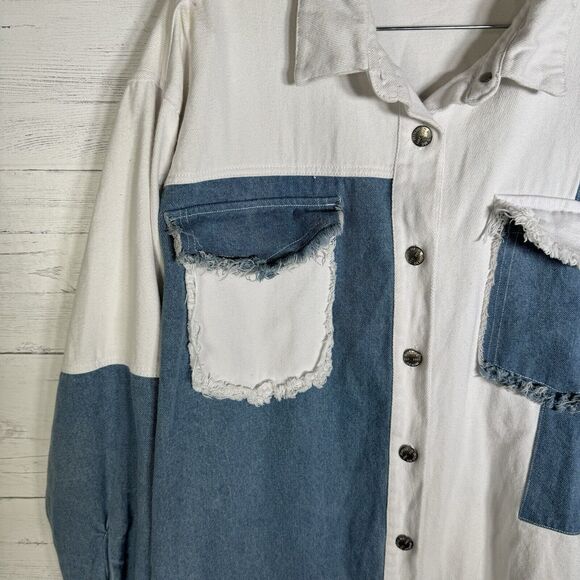 Miss Me Oversized Denim Shirt Jacket Blue White Colorblock Chest Pockets - Picture 3 of 5